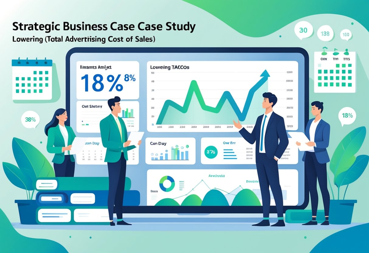 A business team reviewing charts and data on a large screen showing a decrease in metrics over 30 days in a modern office setting.