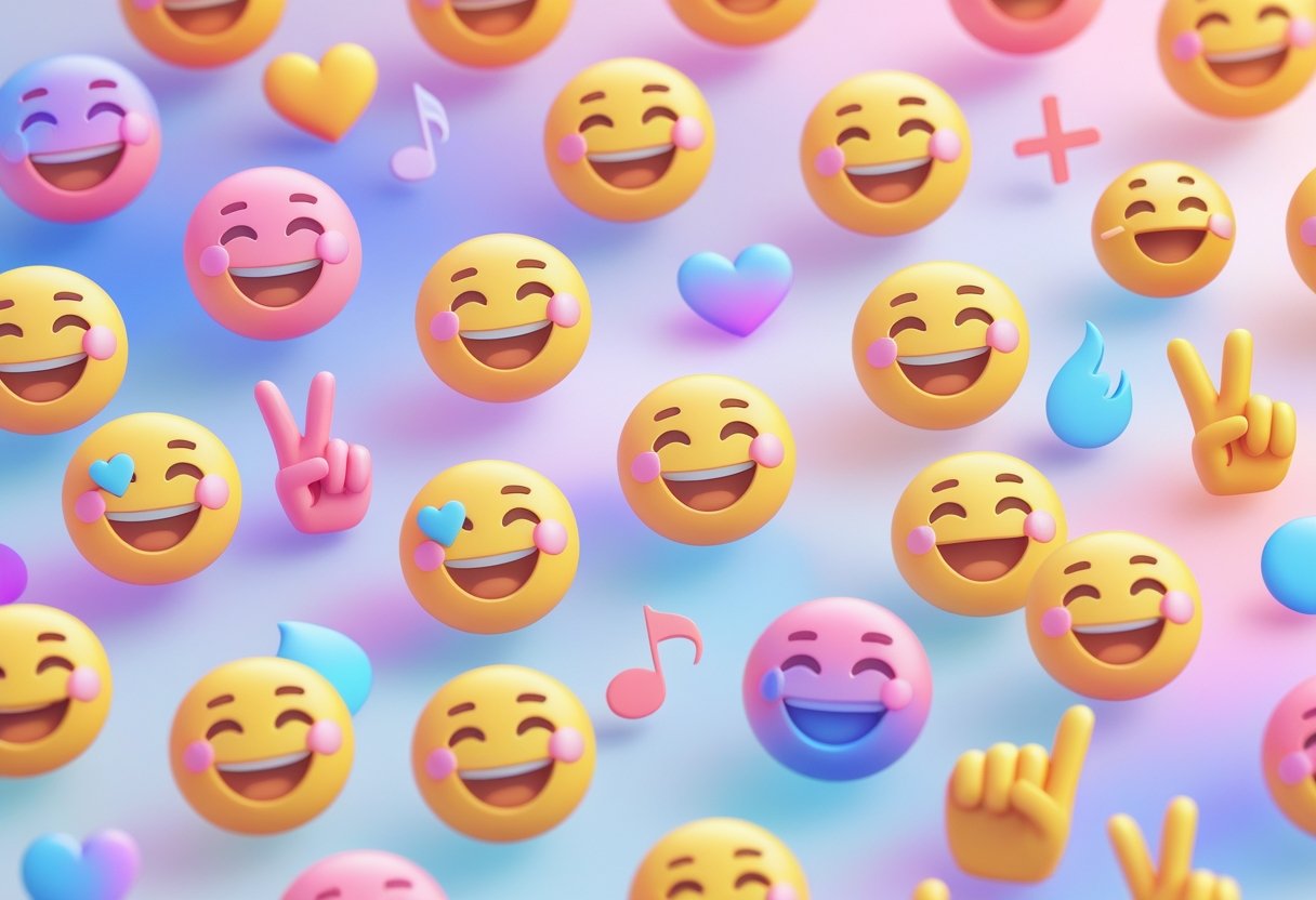 A collection of colorful and expressive emojis including smiling faces, hearts, fire icons, musical notes, and hand gestures arranged on a soft pastel background.