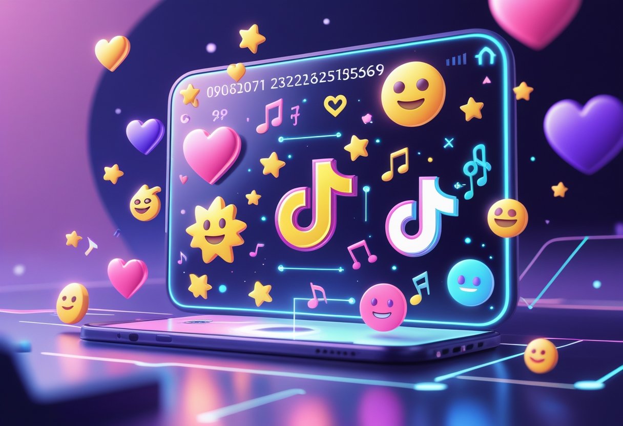 A digital interface displaying colorful TikTok emojis surrounded by glowing secret codes and symbols on a modern abstract background.