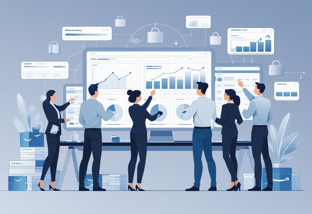 A group of professionals analyzing digital data and charts in a modern office with abstract platinum-colored keywords and Amazon-related icons floating around.