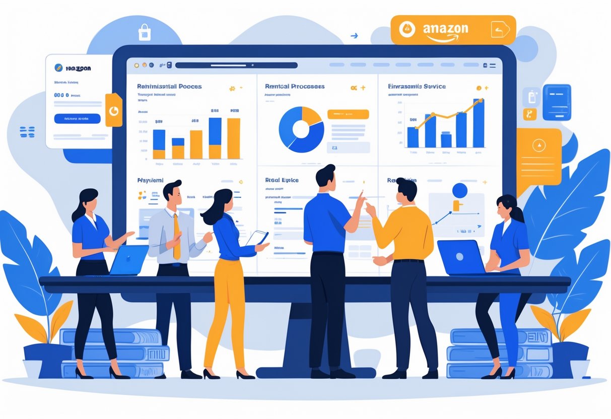 A team of professionals working together in an office with a large screen showing financial charts and refund processes related to reimbursement services.