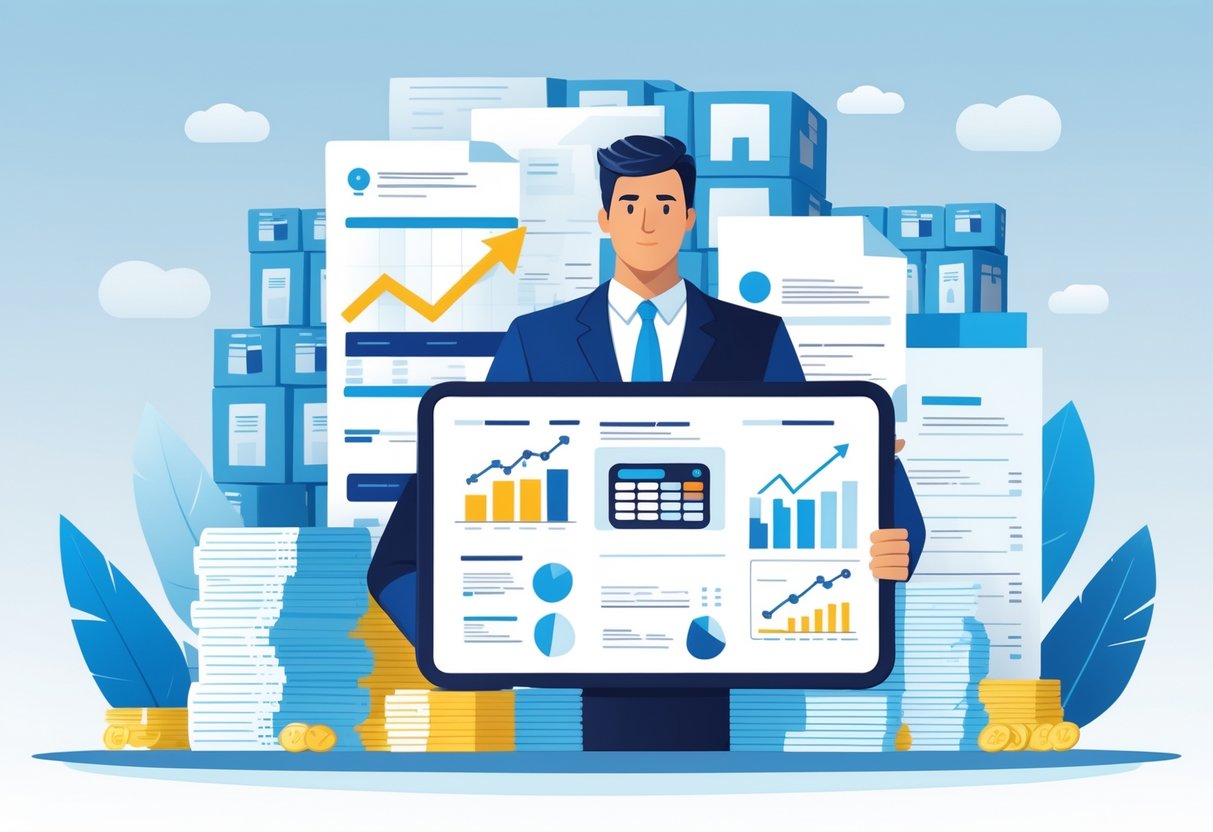 A business person reviewing financial documents with receipts, calculator, and charts, with an Amazon warehouse in the background.