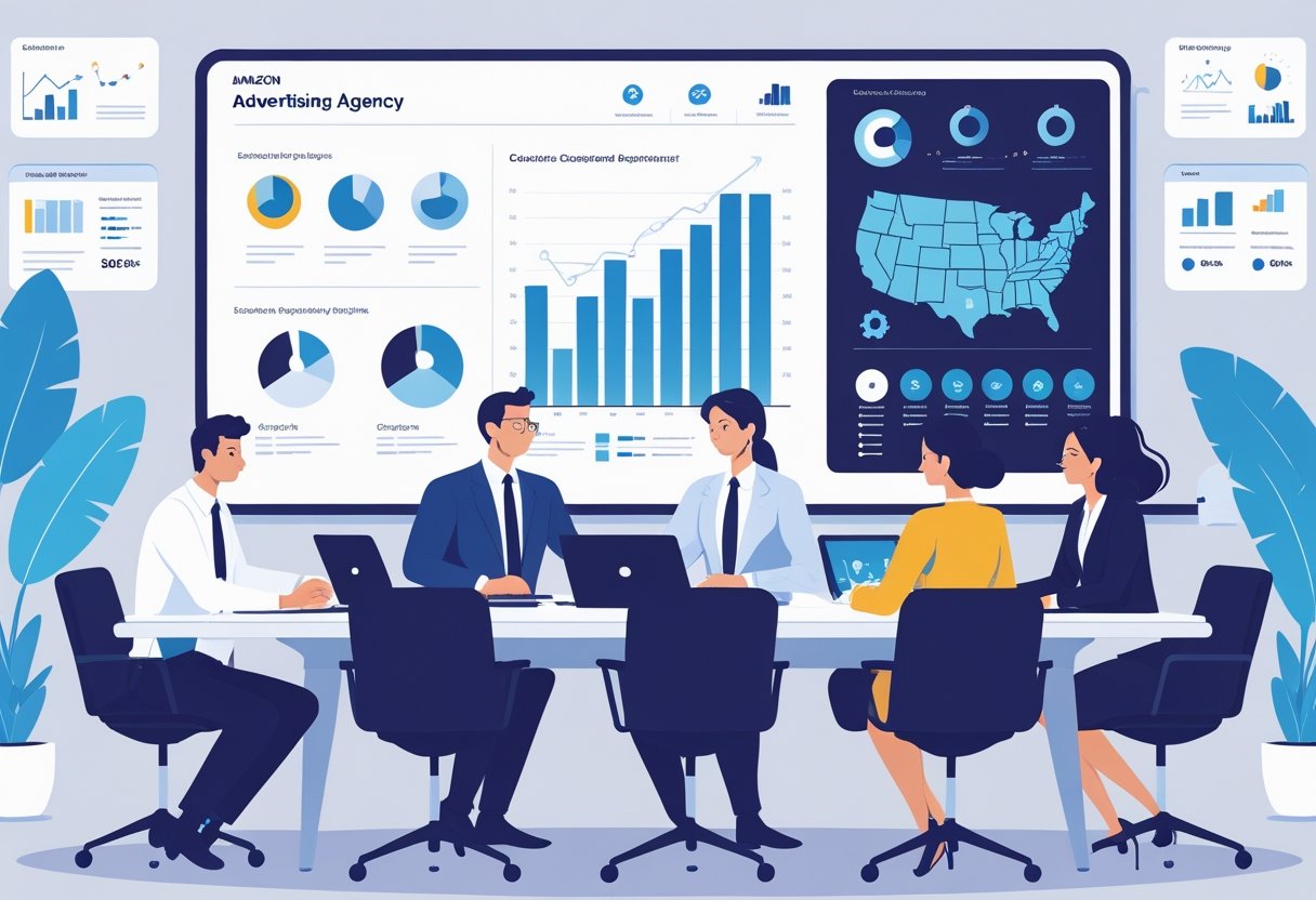A group of professionals in a modern office discussing data and charts related to choosing an Amazon advertising agency.