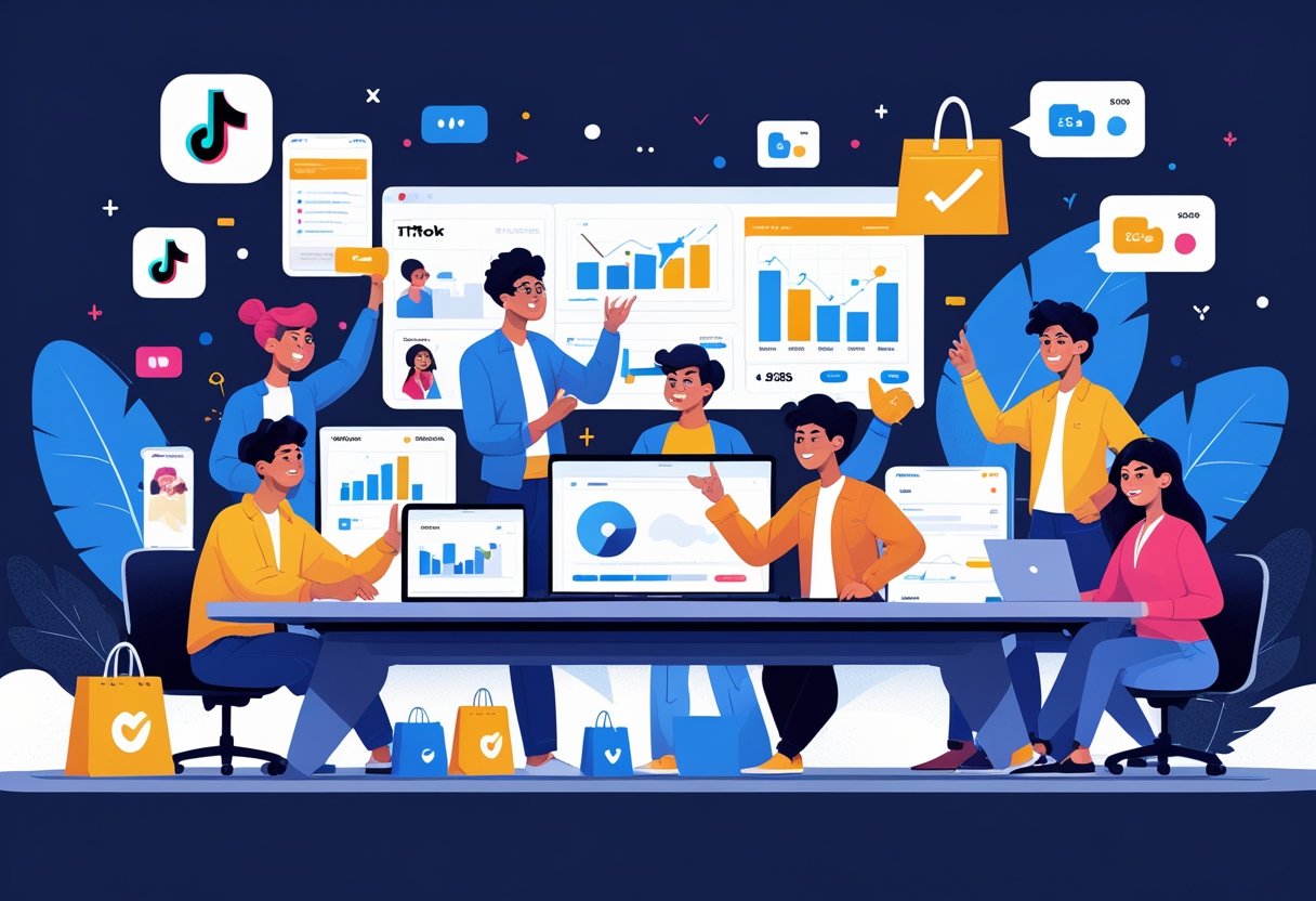 A group of young content creators working together at a desk with digital devices showing sales data and social media icons, symbolizing successful online selling.