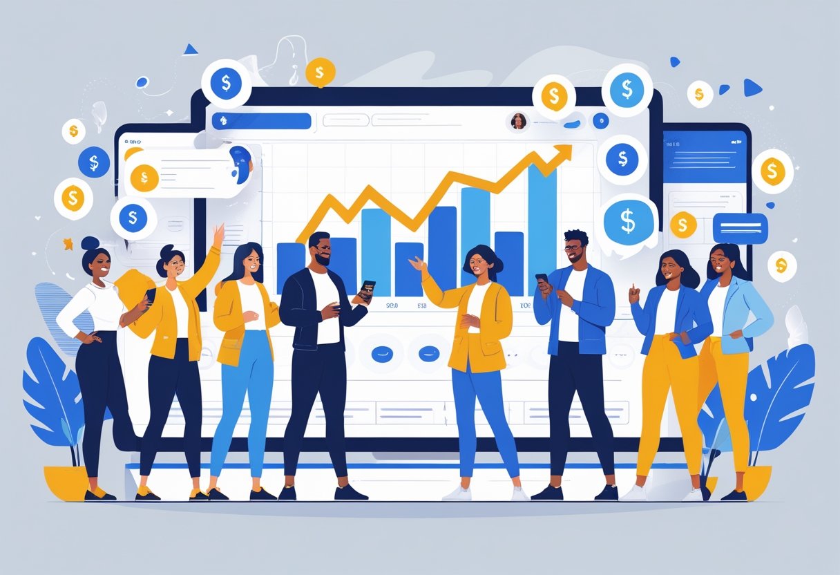 A group of content creators engaging with their audience on smartphones, with visual elements representing rising sales and successful product promotion on social media.