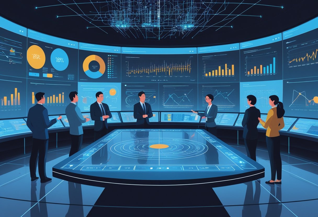 A team of professionals working together around digital screens and data visualizations in a modern control room focused on optimizing Amazon ads.