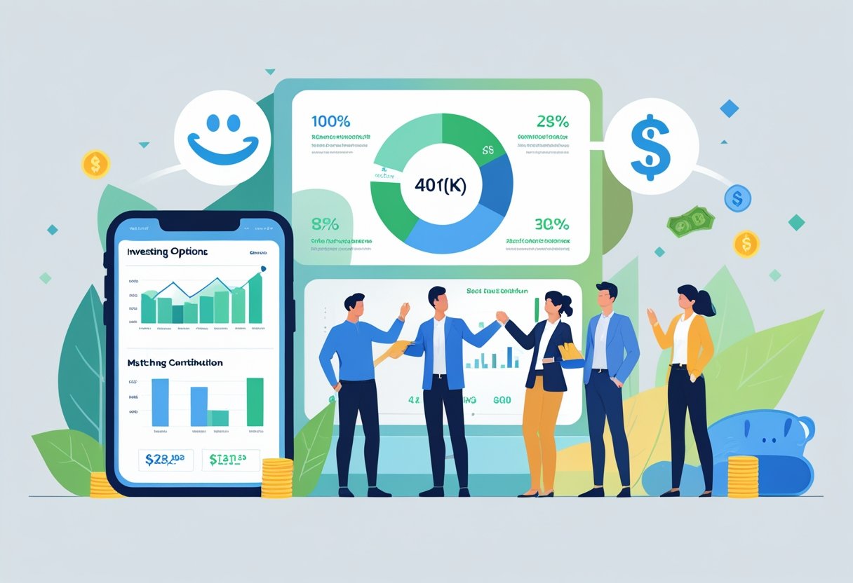 A group of employees reviewing charts and graphs about investment options and retirement savings, with symbols representing financial growth and matching contributions.