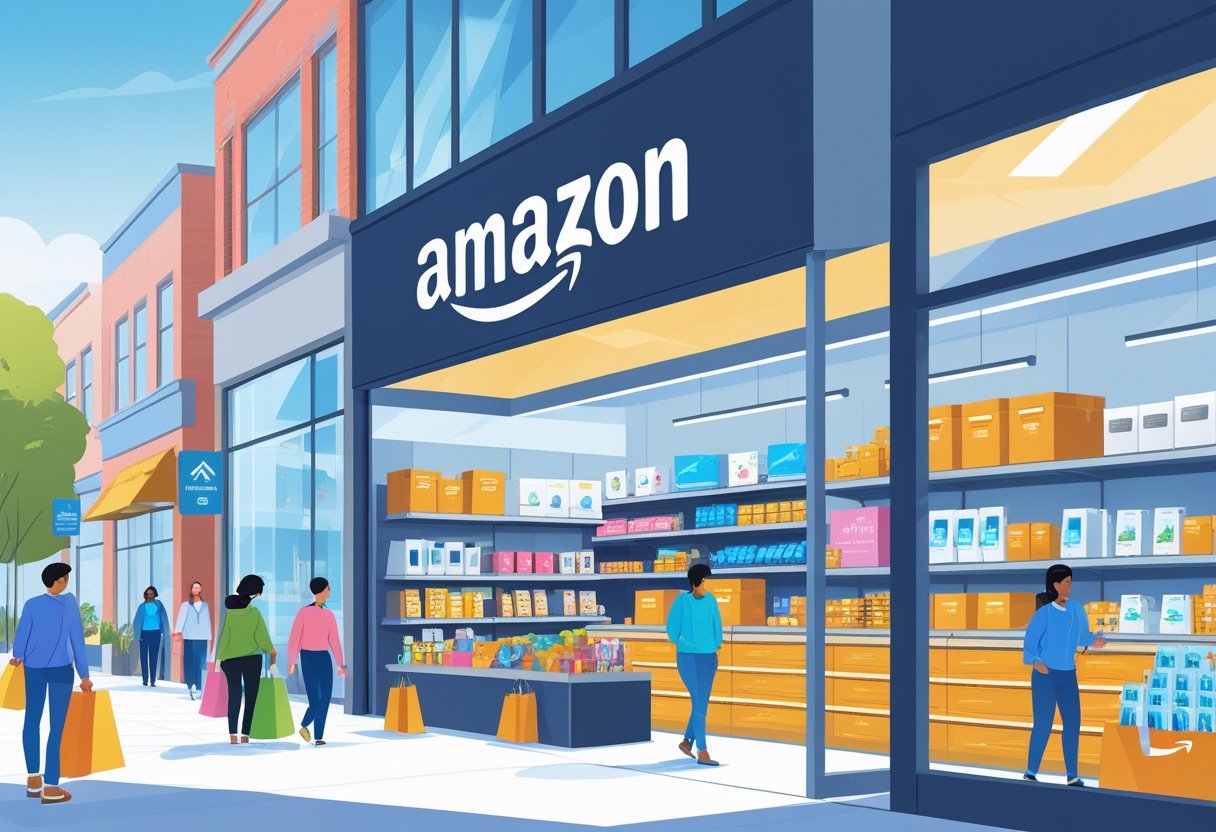 A city street with a modern retail store displaying shelves of electronics and home goods, with shoppers browsing inside and outside the store.