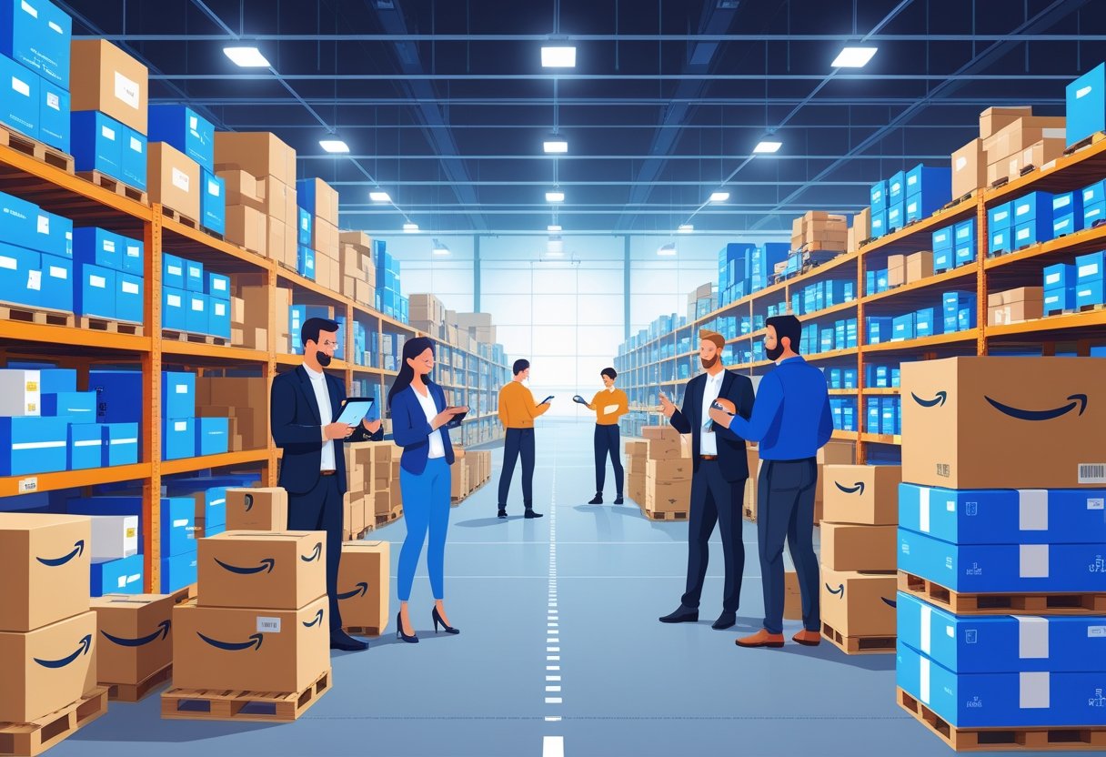 A busy warehouse with pallets of boxed products and people examining items and using digital devices, representing resellers and buyers at an Amazon liquidation store.
