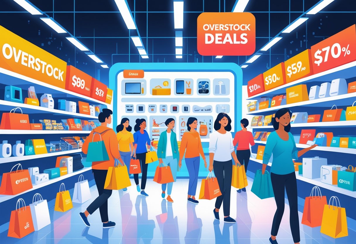 A busy store scene with diverse shoppers browsing shelves filled with discounted products and carrying shopping bags.