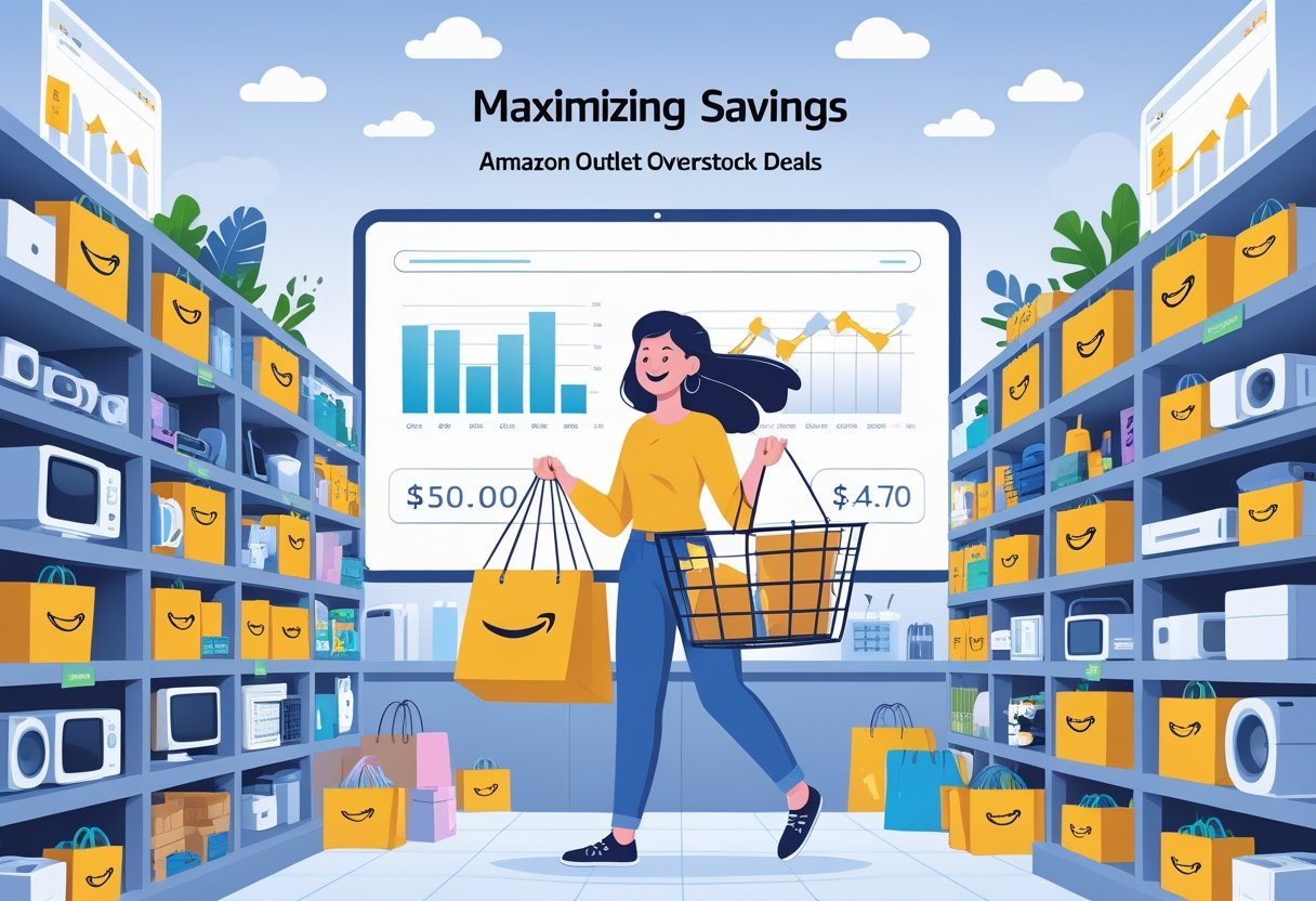 A shopper holding a basket full of discounted products standing near shelves with price tags indicating deals.