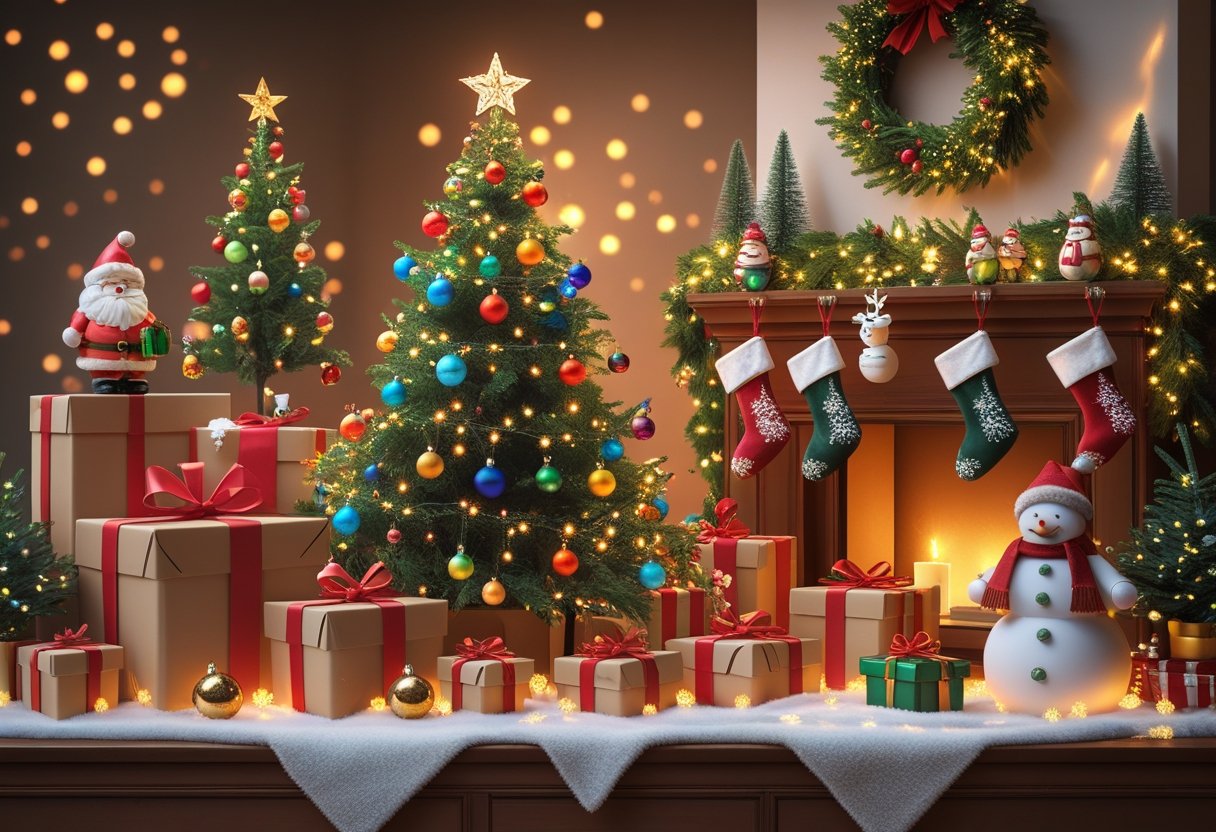 A festive scene with a decorated Christmas tree surrounded by wrapped gifts, ornaments, lights, wreaths, and holiday figurines.