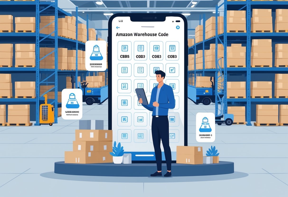 A person holding a tablet showing warehouse codes in front of a large warehouse with shelves, packages, and logistics equipment.