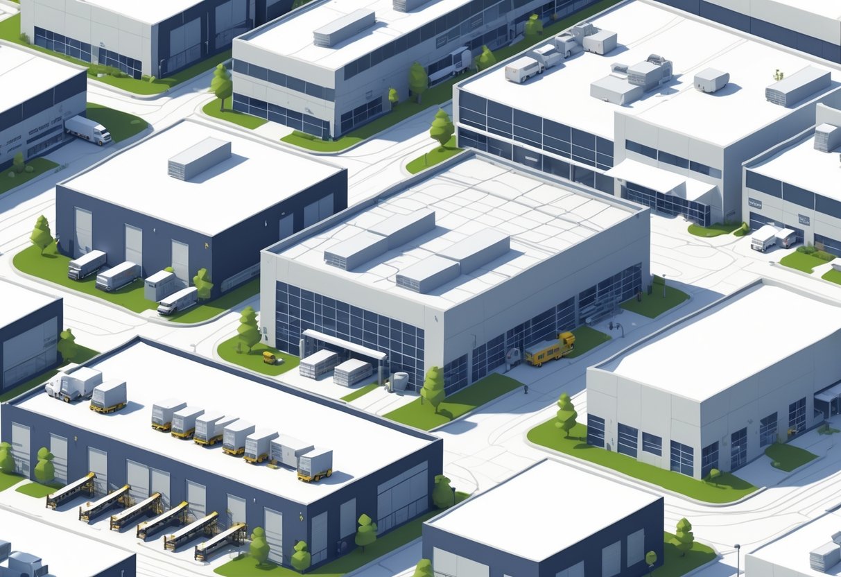 Illustration showing various Amazon warehouses including fulfillment centers, sortation centers, delivery stations, and specialty warehouses with trucks and automated robots around them.