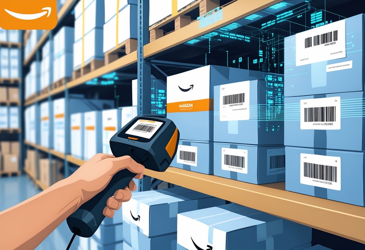 Close-up of warehouse boxes with barcodes and labels being scanned by a handheld device, representing inventory tracking.