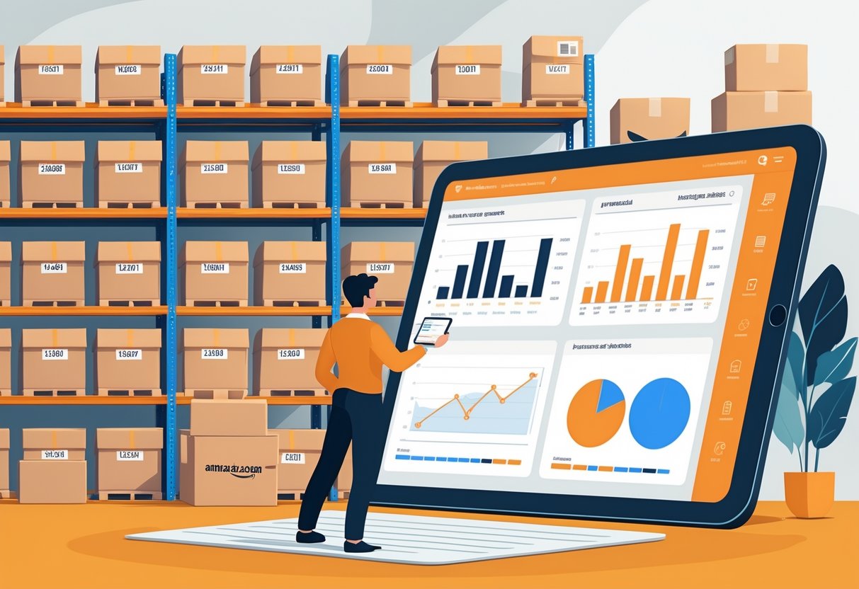A person analyzing warehouse boxes with barcode tags and viewing data charts on a tablet in a warehouse setting.