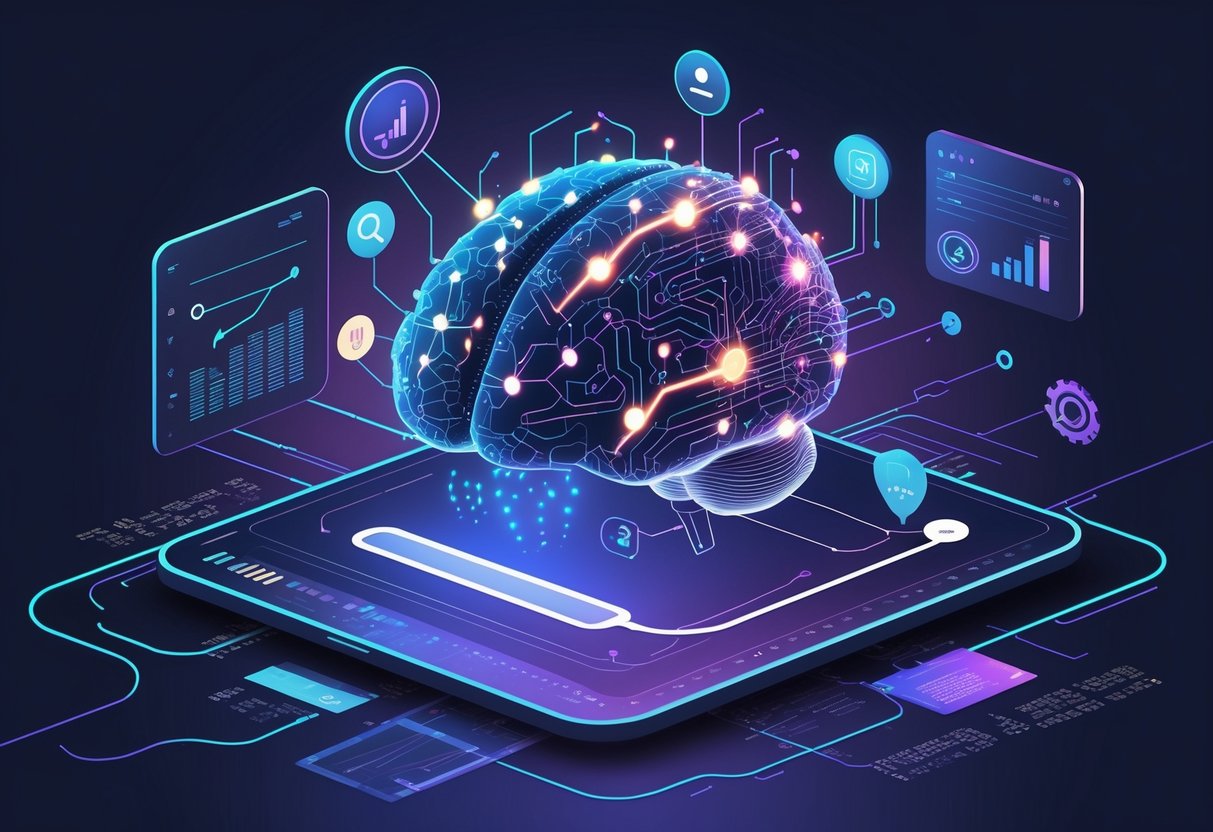 A digital illustration showing interconnected data nodes, a brain made of circuits, and icons representing shopping and search processes.