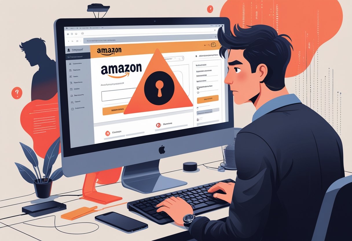 A person looking worriedly at a computer screen showing the Amazon website with a caution symbol, surrounded by digital code streams representing a hacked account.