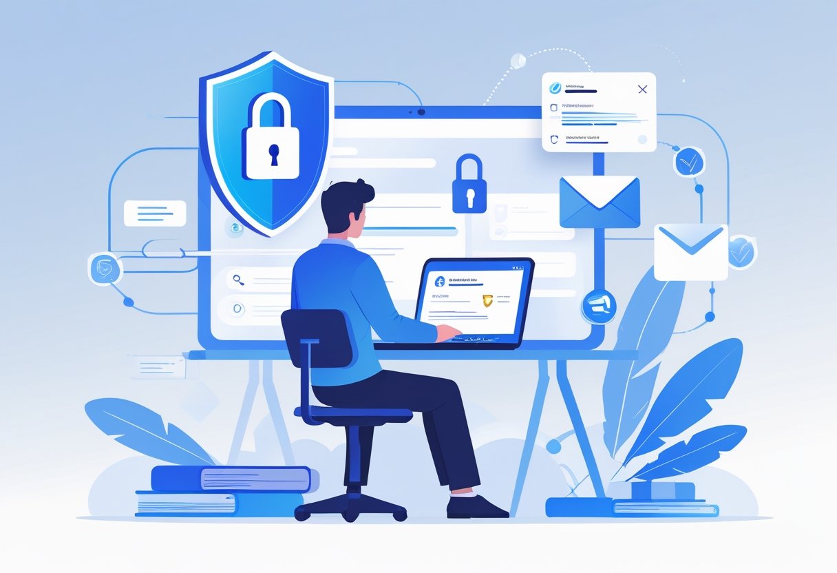 A person at a desk using a laptop surrounded by icons representing account recovery steps like unlocking a padlock, a verification code on a phone, an email notification, and a checklist.