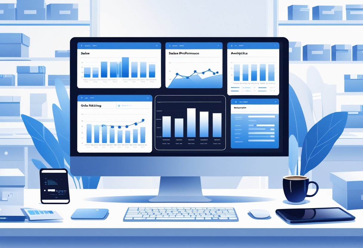 A workspace with a computer showing sales charts, surrounded by office items and shelves with packages.