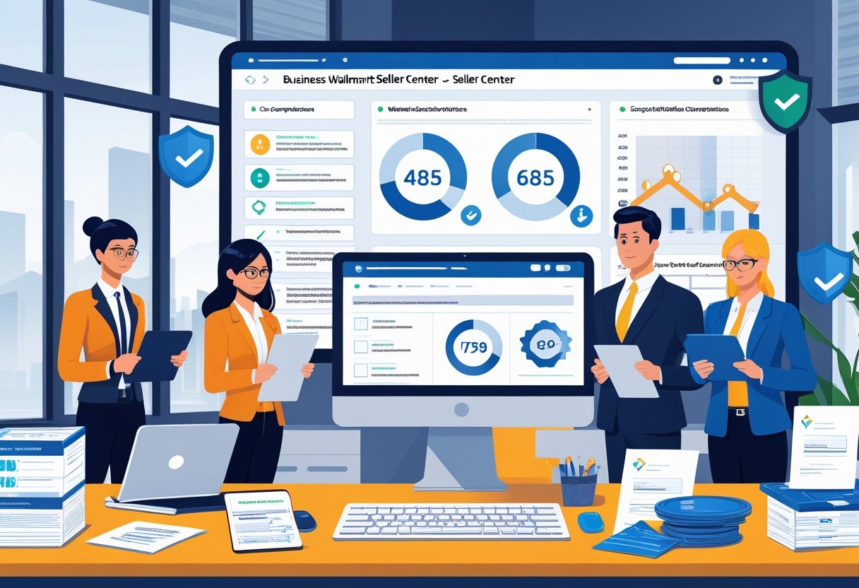 Business professionals reviewing documents and digital devices in an office with a large screen showing compliance metrics and verification symbols.