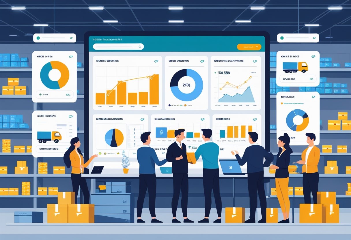 A team of professionals working together around a digital dashboard showing order and shipping information in a modern e-commerce workspace.