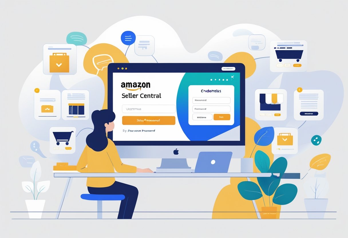 A person sitting at a desk using a computer to log into an online seller platform, with icons representing e-commerce around the workspace.