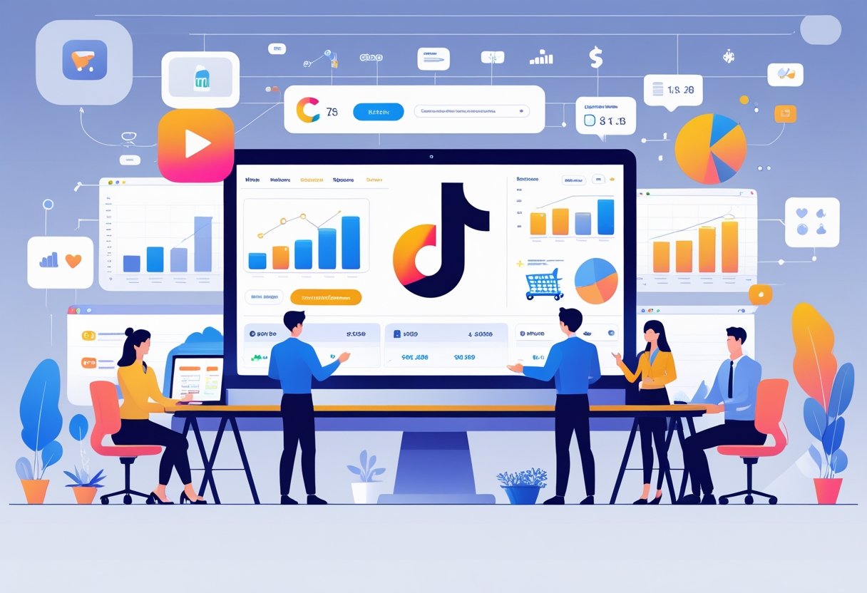 A digital workspace with people analyzing data and ecommerce visuals alongside a TikTok logo on a computer screen.