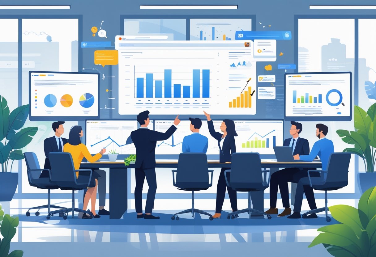 A team of professionals working together in a modern office with monitors showing charts and graphs related to digital marketing.