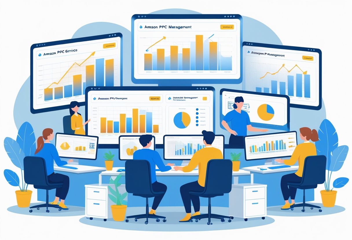 An office scene with seven people working at computers displaying graphs and charts related to Amazon advertising campaigns.