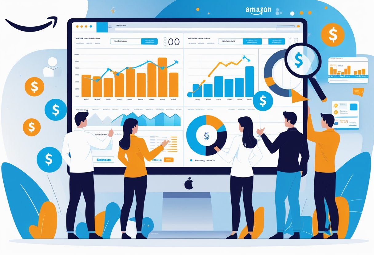 A team of marketing professionals collaborating around a digital screen showing charts and Amazon product listings with ad highlights in a modern office setting.