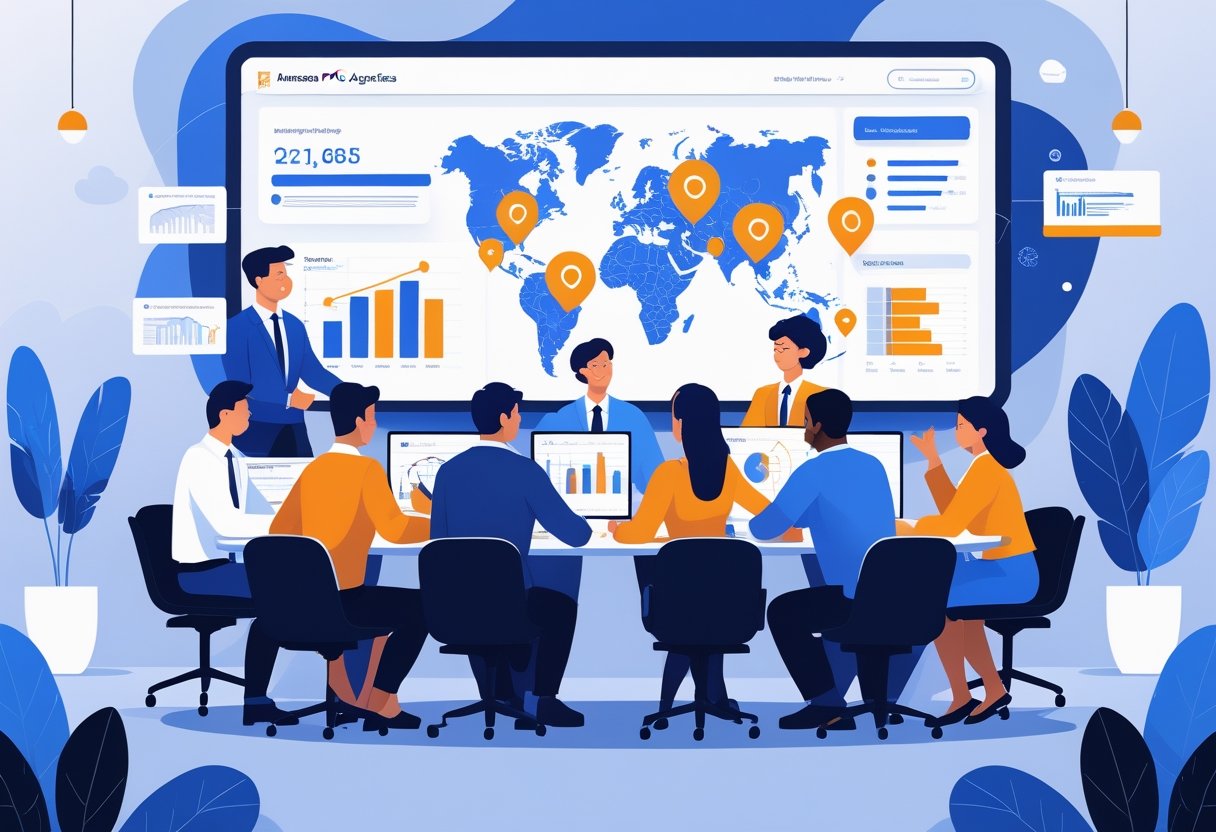 Business professionals in an office reviewing charts and data on screens to select top Amazon PPC agencies.