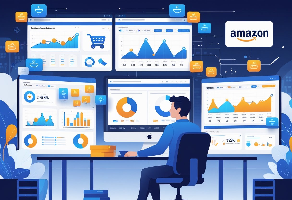 A marketing professional working at a desk with multiple computer screens showing digital advertising data and graphs related to Amazon campaigns.