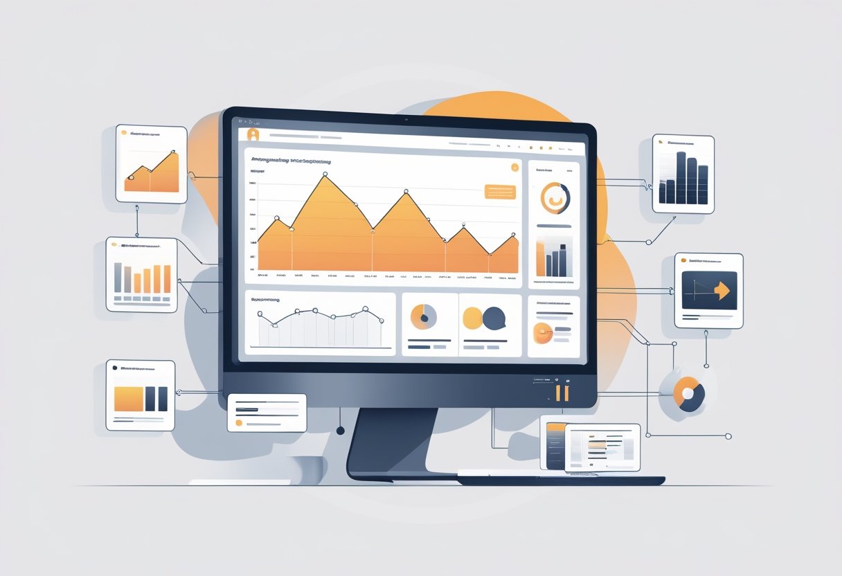 A dashboard showing analytics and charts surrounded by icons representing audience targeting, creative assets, bidding strategies, and performance tracking, illustrating the components of running Amazon DSP campaigns.