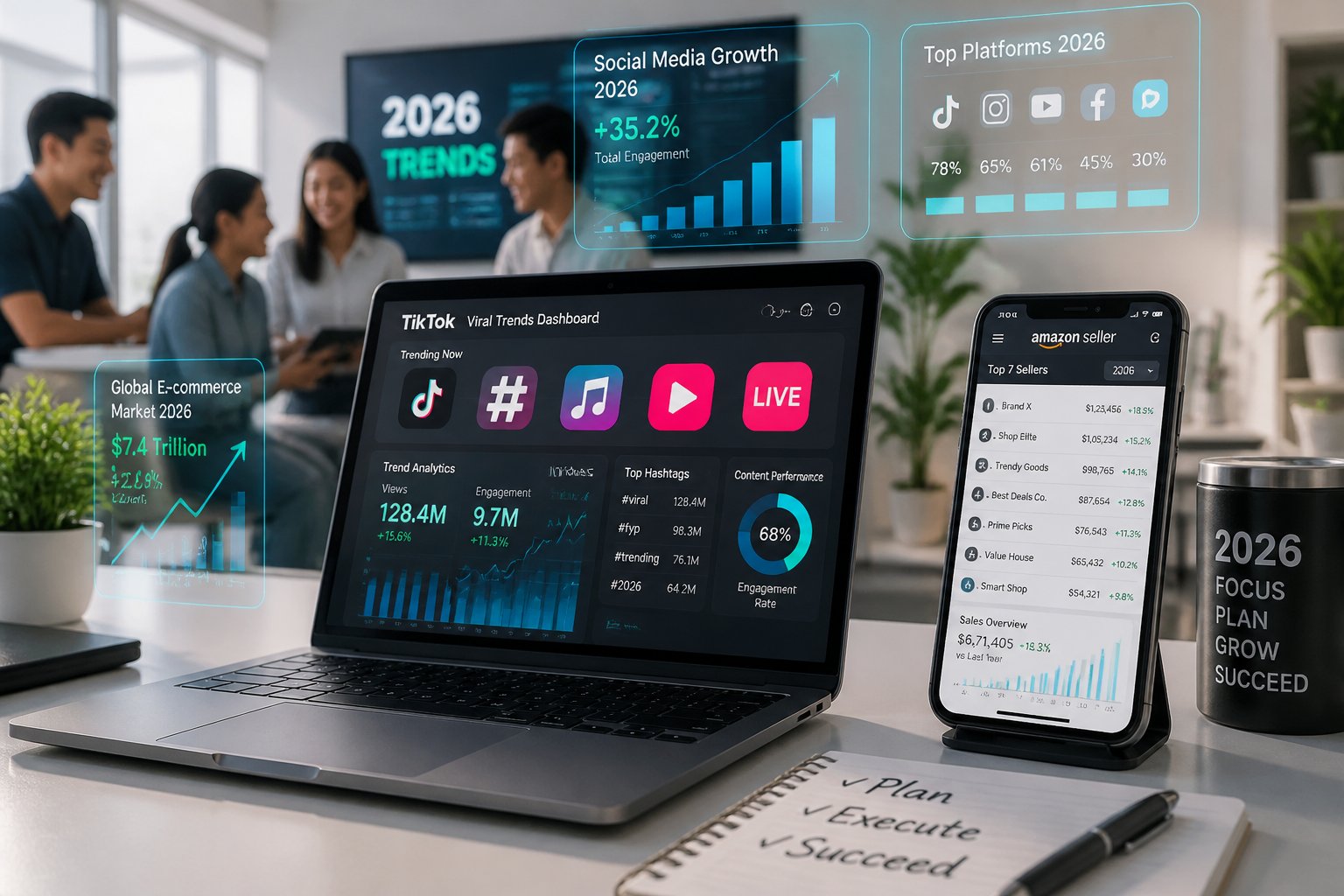 A modern office desk with a laptop and smartphone displaying social media and e-commerce data, with people collaborating in the background.