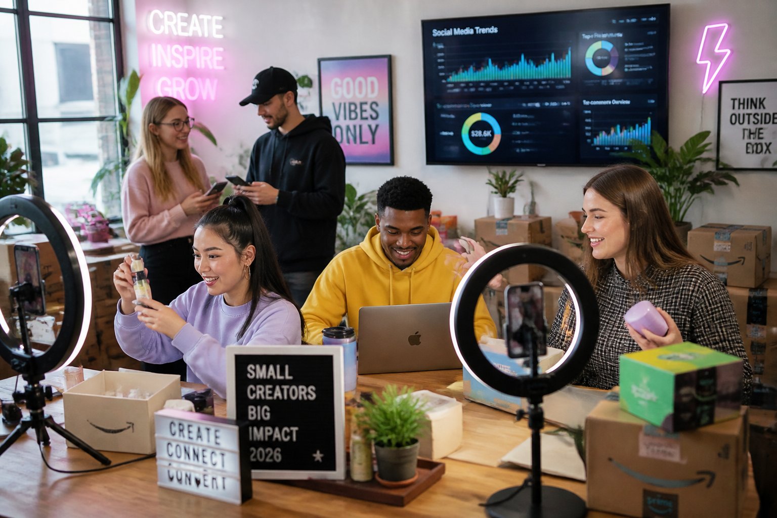 A diverse group of young people creating content together in a bright co-working space with digital devices and product packages.