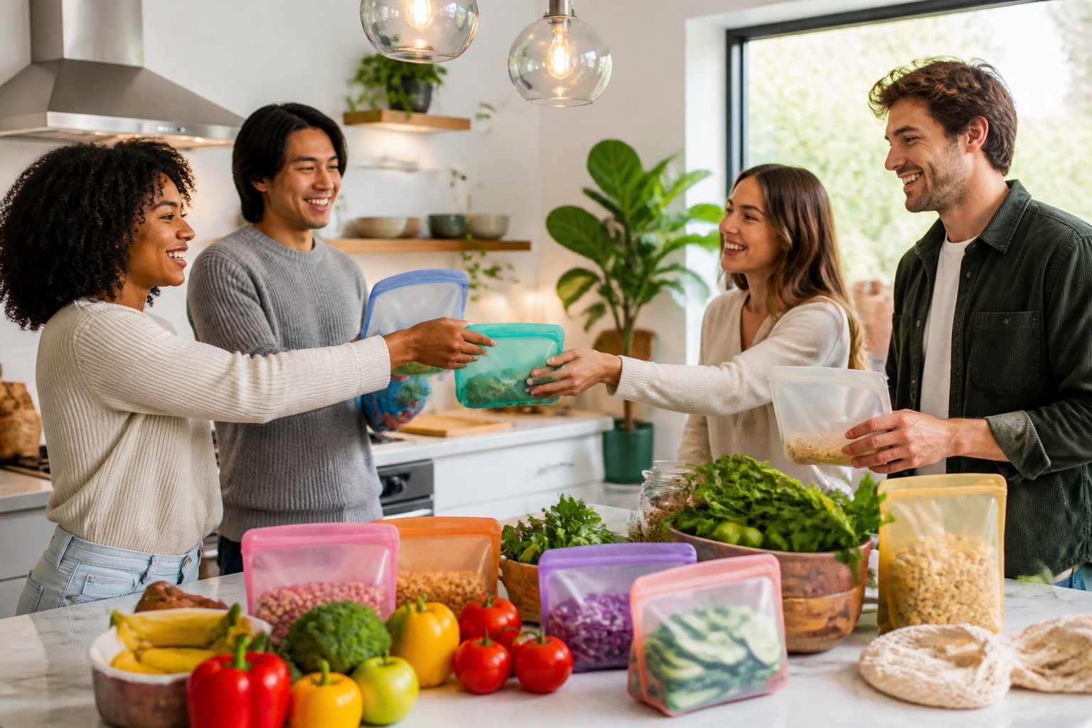 A group of young adults exchanging reusable Stasher bags in a bright kitchen with fresh produce on the counter.