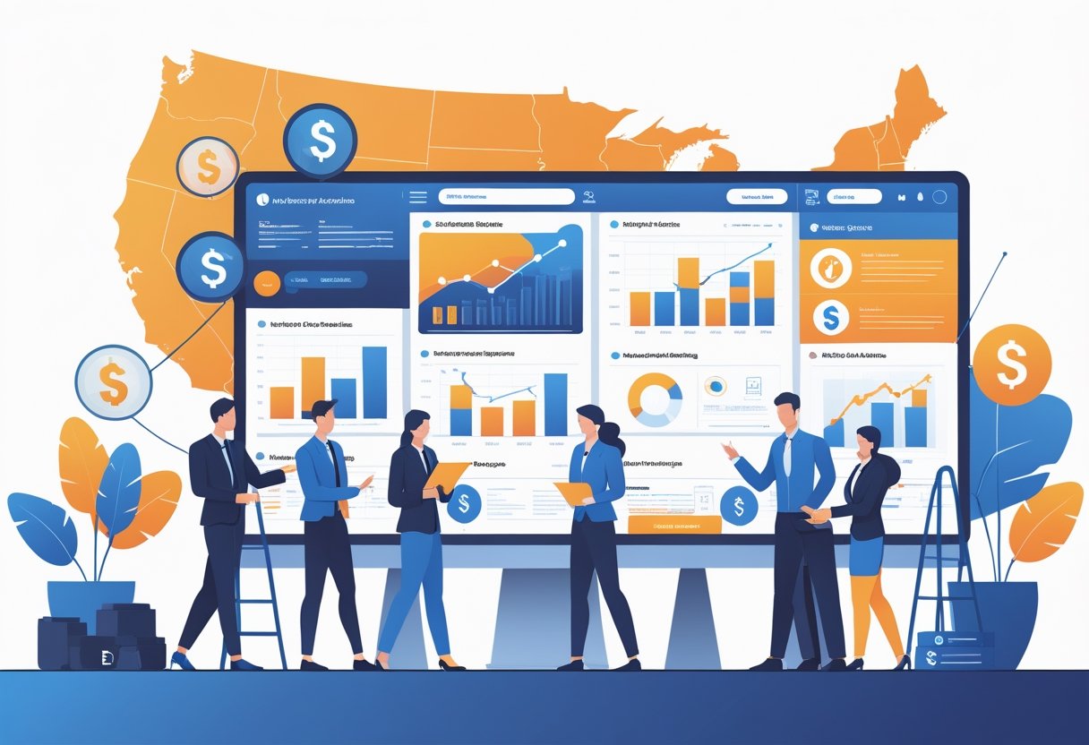 A group of marketing professionals working together around a digital screen showing Amazon-related data and graphs, with a map of the USA in the background.