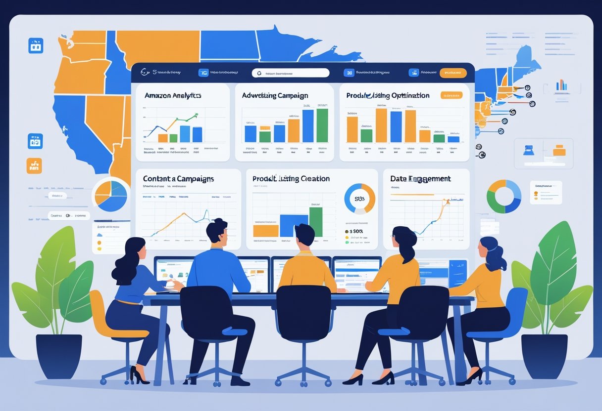 A team of marketing professionals working together in an office with digital screens showing Amazon sales data and marketing strategies, with a map of the USA in the background.