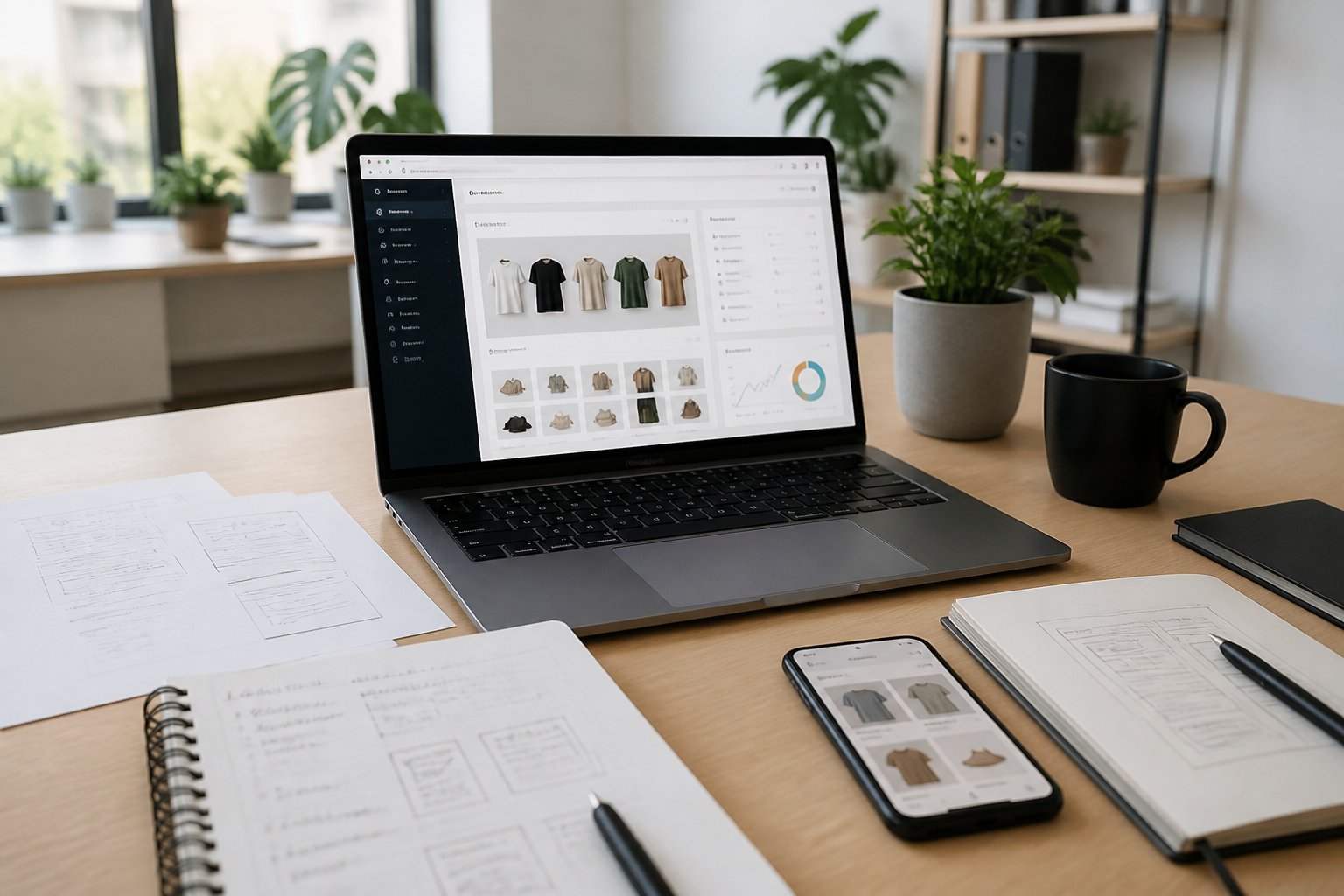 A modern workspace with a laptop showing an online store dashboard, surrounded by sketches, a smartphone, a notebook, and a cup of coffee.