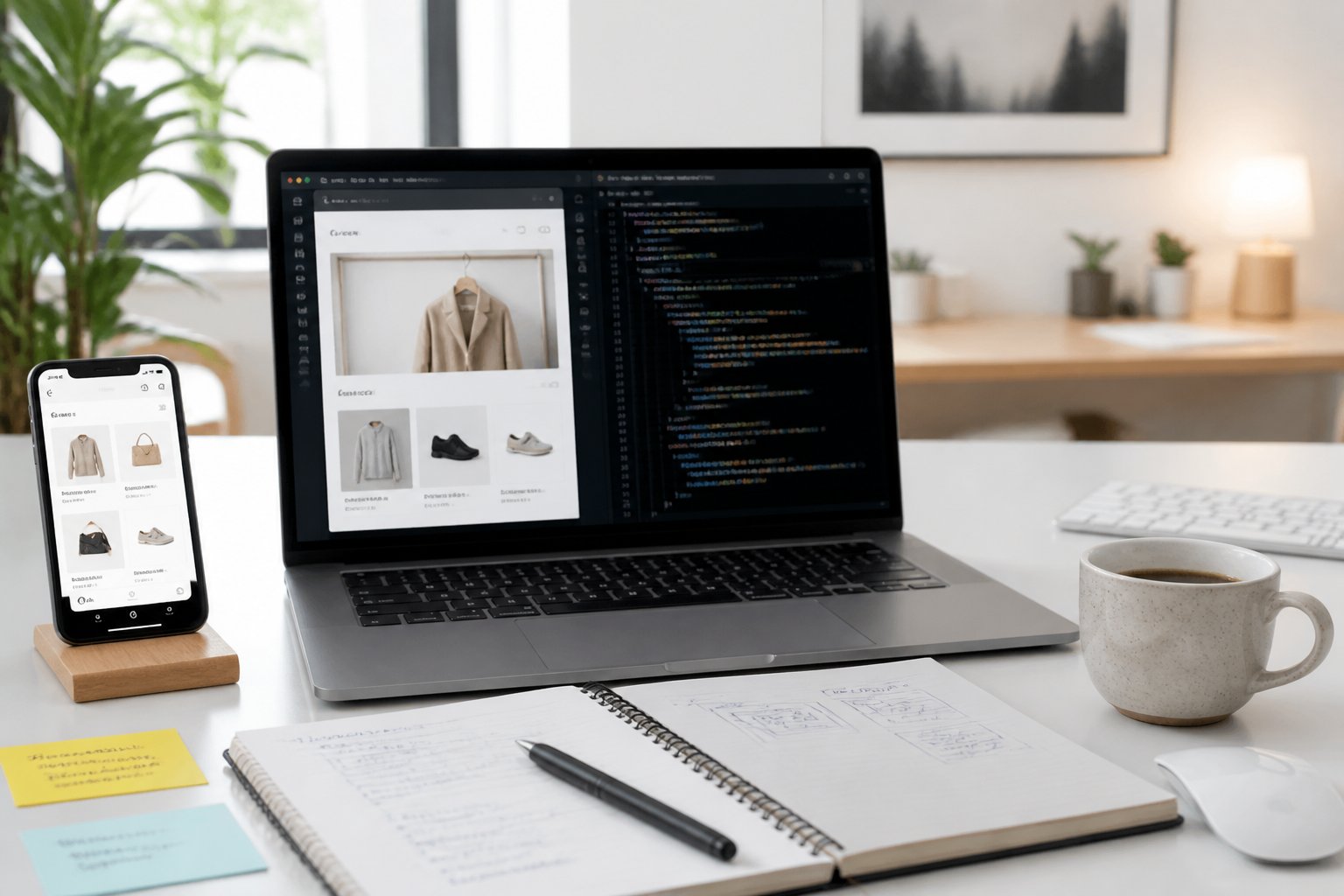 A workspace with a laptop showing a Shopify dashboard and code, surrounded by notes, a smartphone, and a cup of coffee in a bright office.