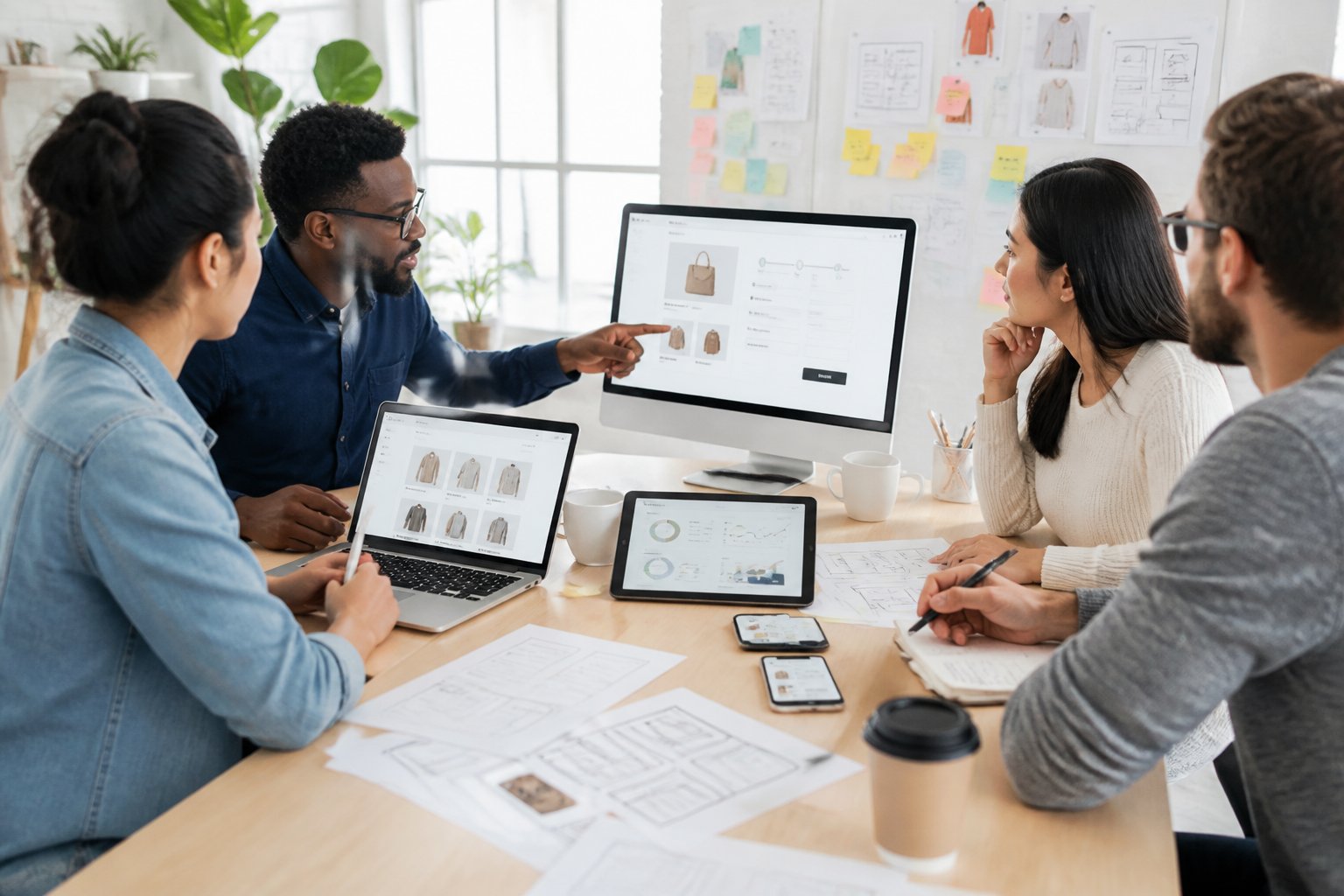 A diverse team collaborating around a desk with laptops and tablets showing e-commerce interfaces, discussing checkout flow improvements in a modern office.