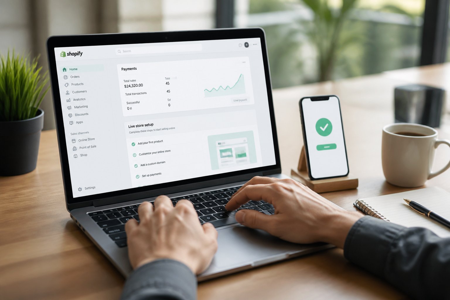 A person working on a laptop with a Shopify dashboard and a smartphone showing a payment confirmation on a clean desk.