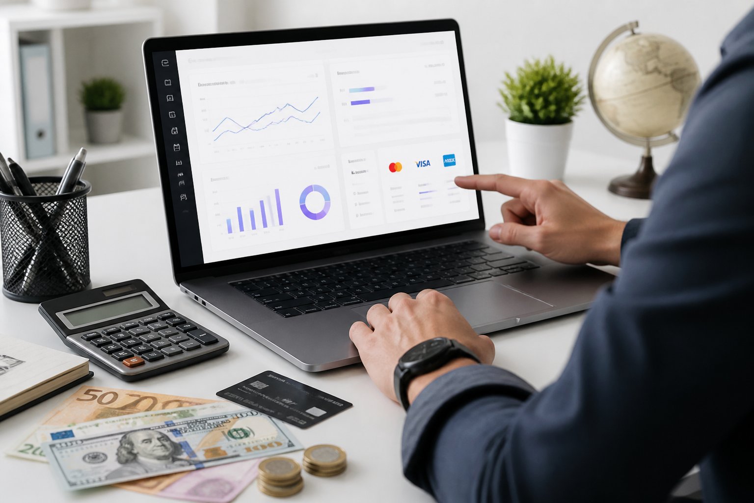 A person using a laptop showing an online payment dashboard with financial items like a calculator and currency notes on a clean desk.