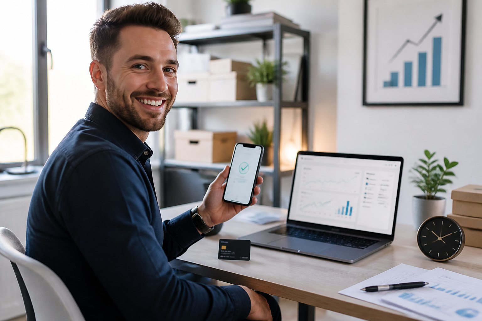 A young entrepreneur working on a laptop at a desk with a smartphone showing a payment confirmation, surrounded by symbols of online business and fast payments.