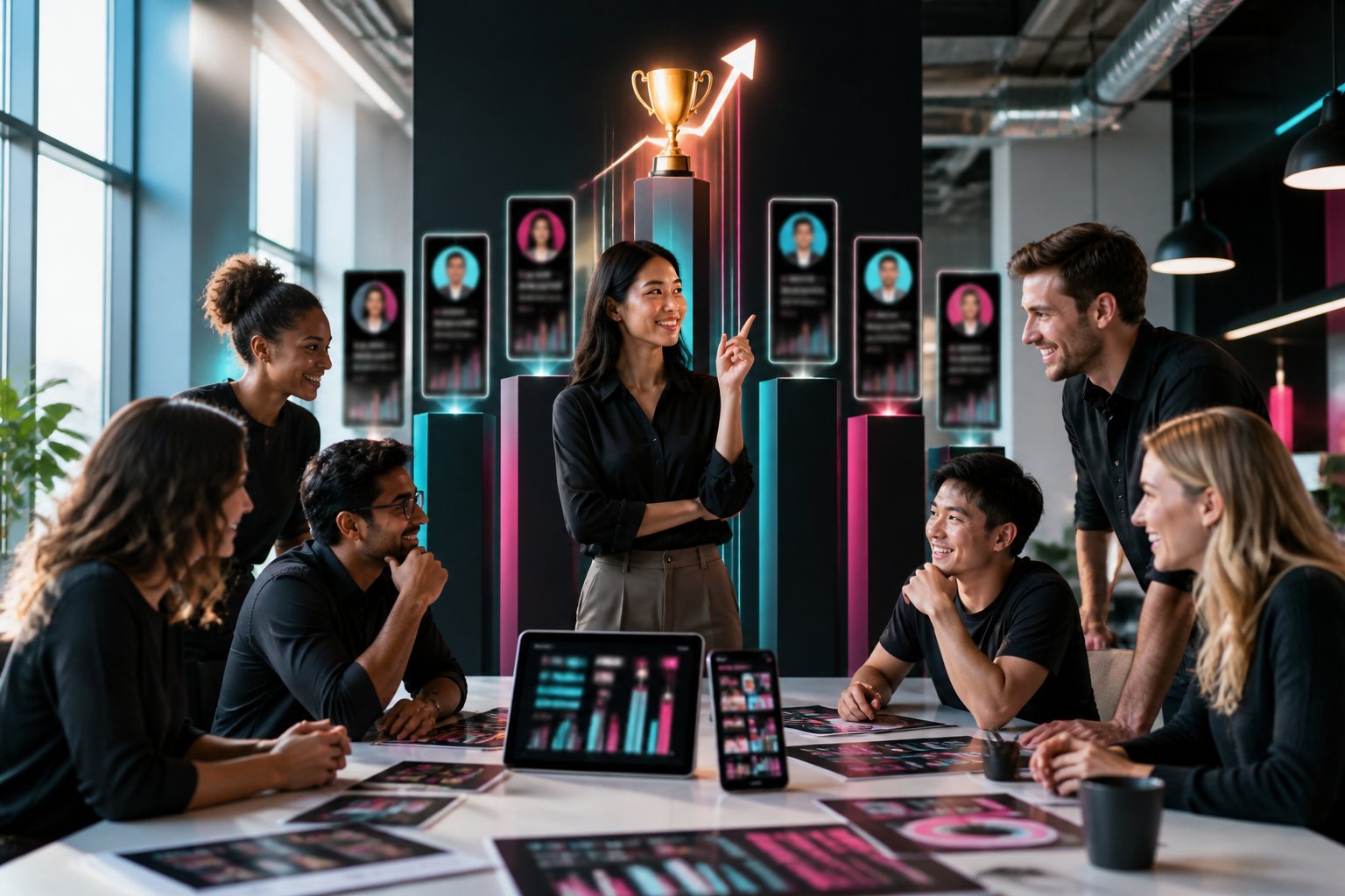 A marketing team reviews social media performance data in a modern office, with one strategist prominently presented as the leader.