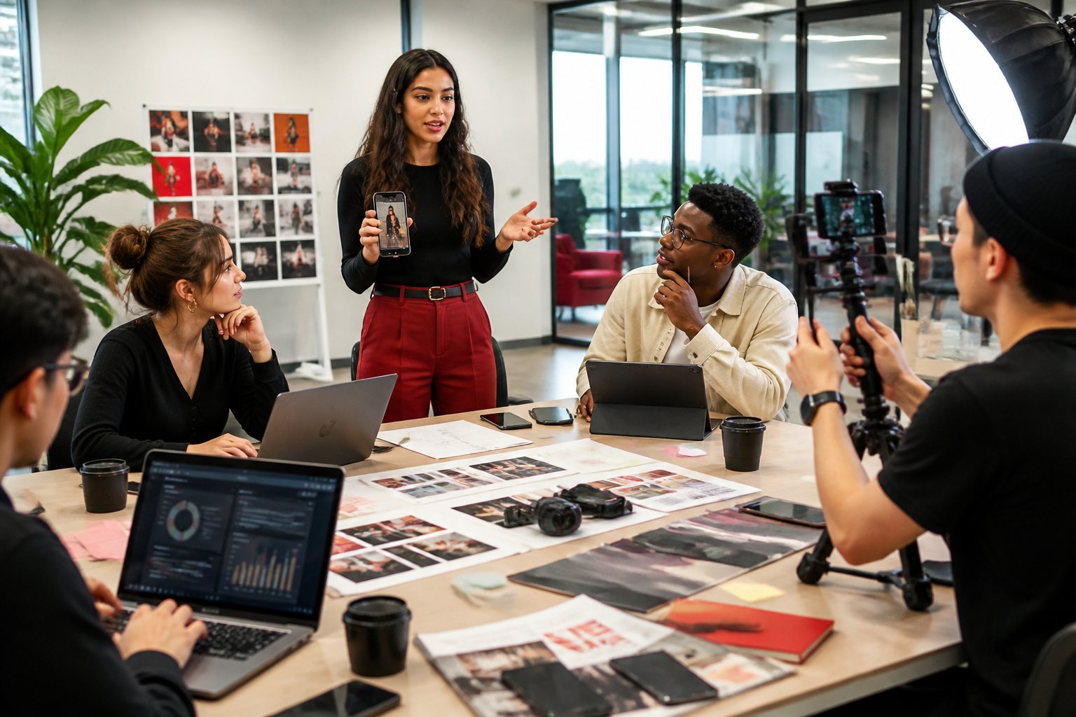 A creative marketing team collaborates in a modern studio around social media campaign materials and video equipment.