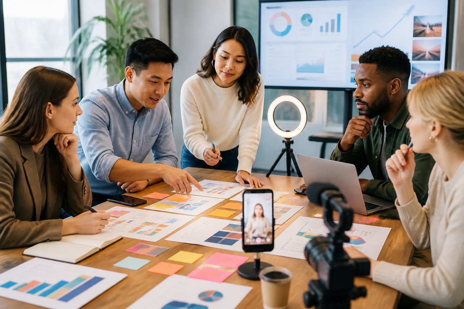 Marketing professionals collaborate around a table with laptops, campaign materials, and performance charts.
