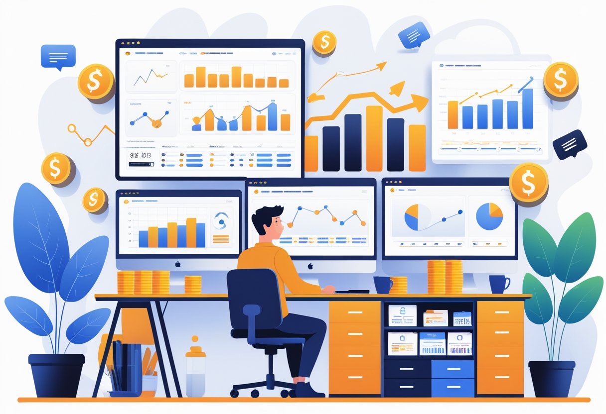 A young entrepreneur working at a desk with multiple screens showing graphs and charts related to online selling, surrounded by symbols of growth and e-commerce.