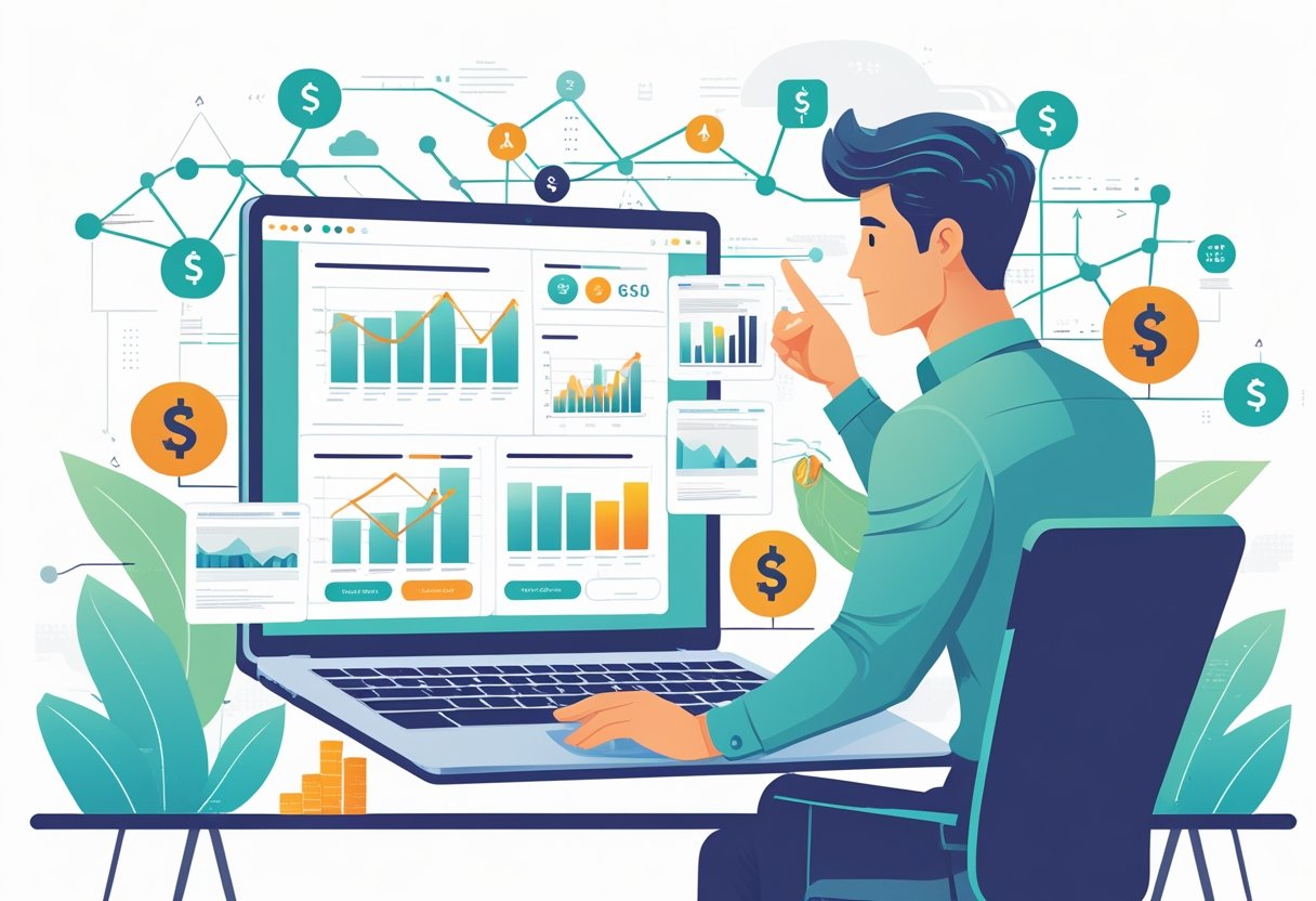 A person analyzing data on a laptop with charts, Amazon product icons, and growth arrows around, representing campaign optimization and scaling.